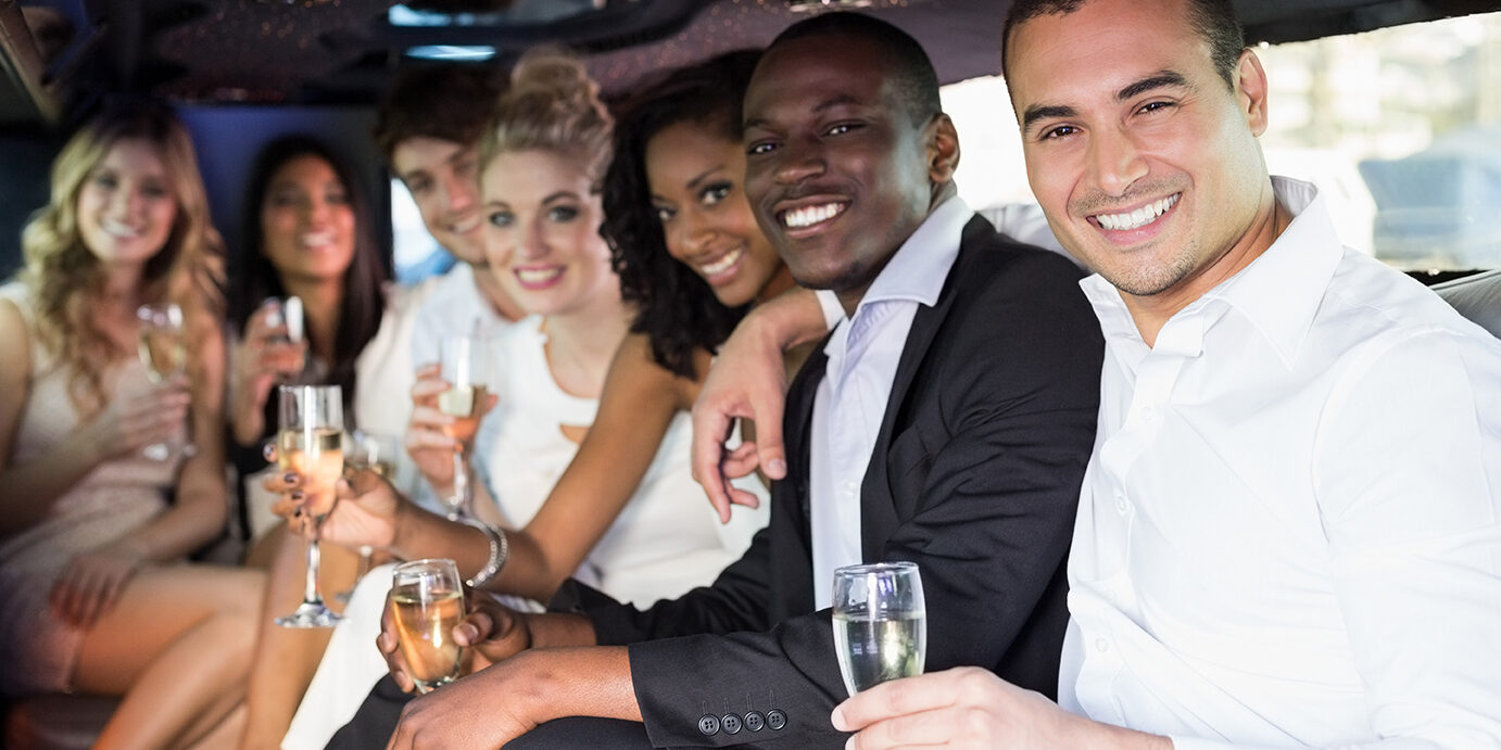 wedding party in a limousine