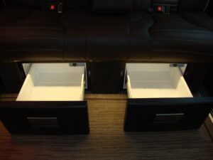 Pulled out drawers underneath seats 2019 Mercedes Benz Executive Coach CEO Sprinter