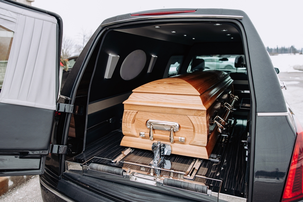 Rear loading area of a hearse showing the casket compartment