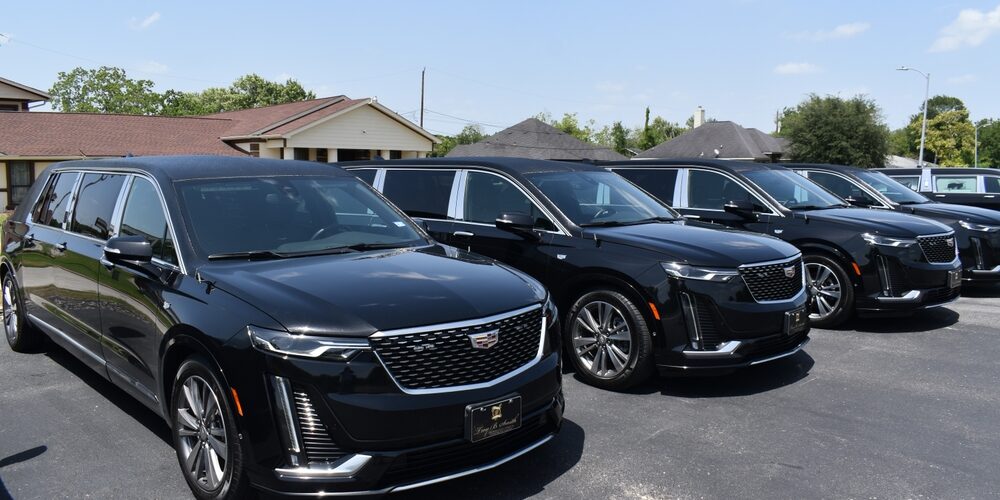 Row of black Cadillac funeral cars lined up for professional service use