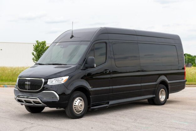 Exterior view of black Sprinter van