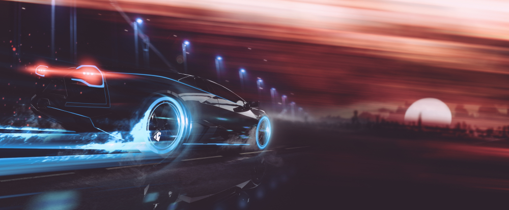 Luxury vehicles racing into sunset concept Luxury vehicles racing into sunset concept