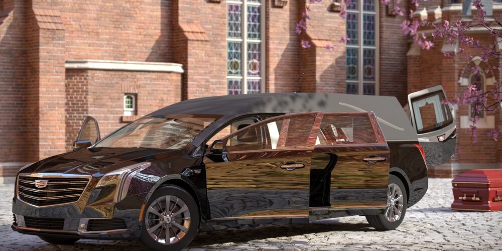 Black Cadillac hearse parked outside a church with doors open and casket nearby, showcasing premium funeral car design Black Cadillac hearse parked outside a church with doors open and casket nearby, showcasing premium funeral car design