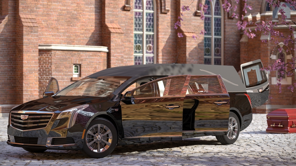 Black Cadillac hearse parked outside a church with doors open and casket nearby, showcasing premium funeral car design Black Cadillac hearse parked outside a church with doors open and casket nearby, showcasing premium funeral car design