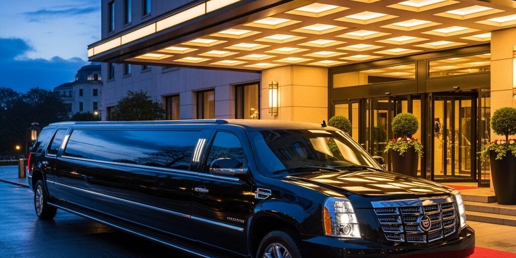 Black Cadillac Escalade stretch SUV limousine parked outside a luxury hotel Black Cadillac Escalade stretch SUV limousine parked outside a luxury hotel