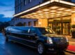 Black Cadillac Escalade stretch SUV limousine parked outside a luxury hotel