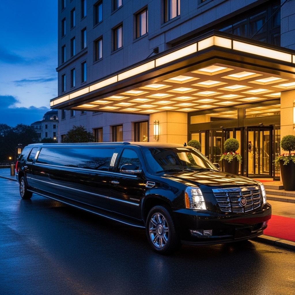 Black Cadillac Escalade stretch SUV limousine parked outside a luxury hotel