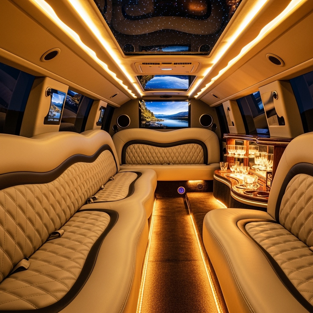 SUV limousine interior with leather seating and ambient lighting