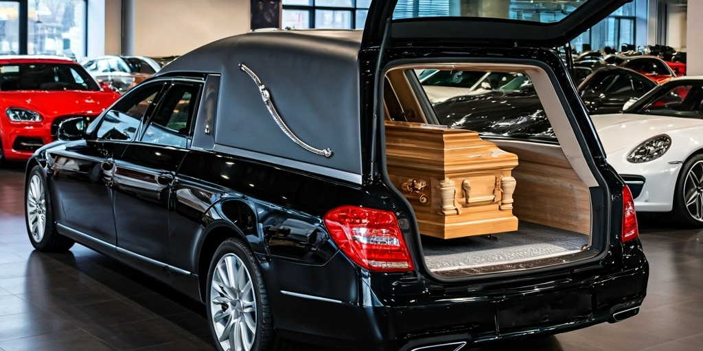 Modern black hearse parked inside an illuminated car dealership