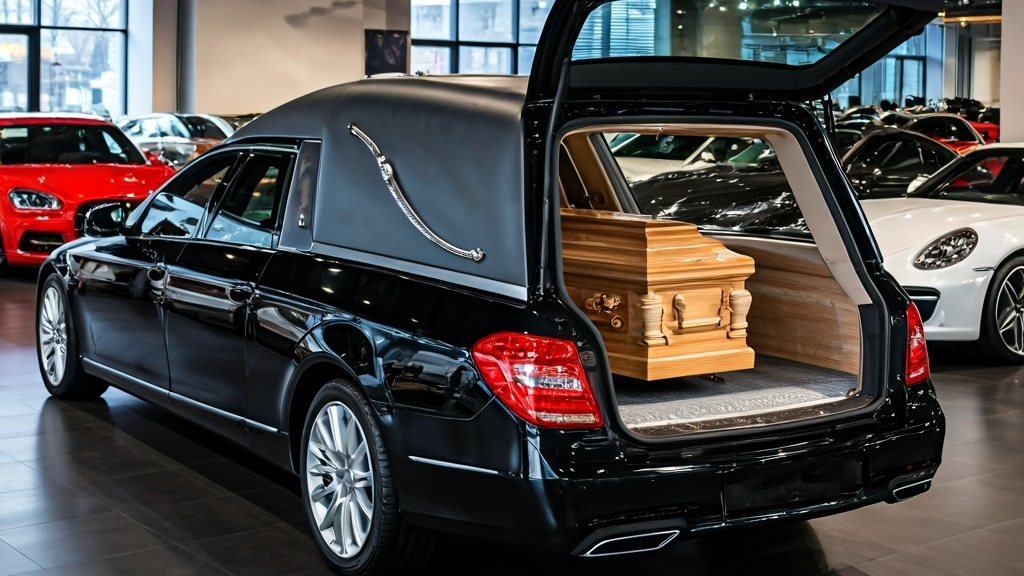 Modern black hearse parked inside an illuminated car dealership